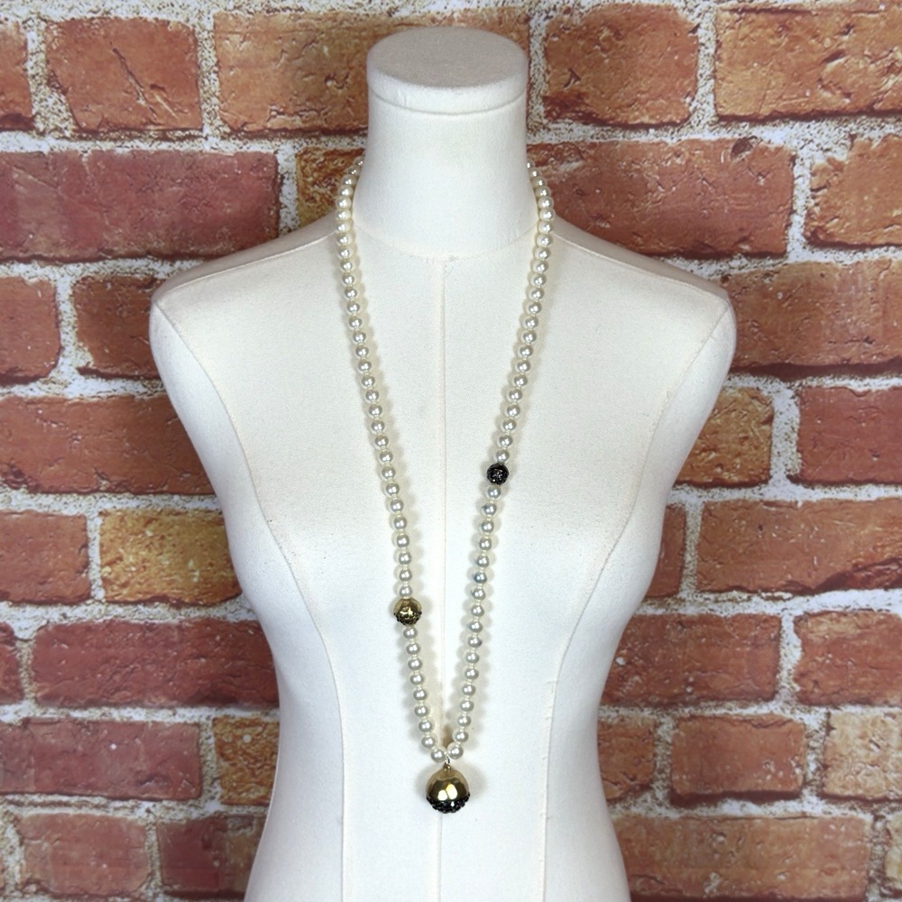 Chico's White Faux Pearl Long Beaded Statement 40" Necklace Elegant Party Ball